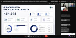 На фото — фрагмент онлайн‑презентации в окне видеоконференции. В центре — слайд с заголовком «ИНВАЛИДНОСТЬ В МОСКОВСКОЙ ОБЛАСТИ». Ниже расположены блоки с детализацией: численность по группам инвалидности, по полу, по возрасту. В нижней части слайда — две диаграммы: круговая (возрастная структура) и круговая диаграмма причин инвалидности с сегментами и легендой. Справа — панель видеоконференции с тремя окошками, в которых видны лица участников. Вверху — элементы интерфейса платформы (кнопки, название встречи).